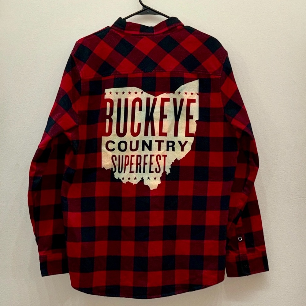 Red and Black Plaid Buckeye Country Superfest Flannel Shirt (Large)
